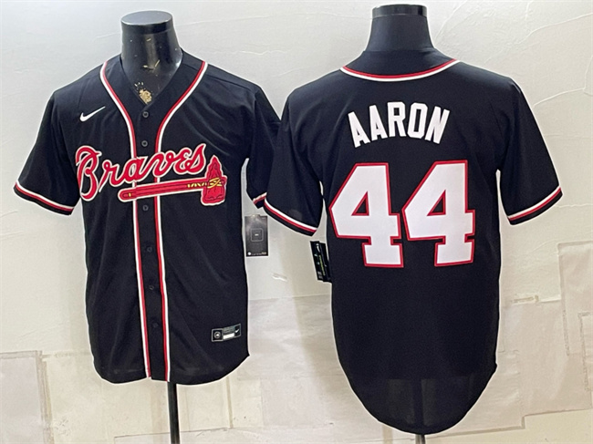 Men's Atlanta Braves #44 Hank Aaron 2026 Fashion Replica Black Out Stitched Baseball Jersey