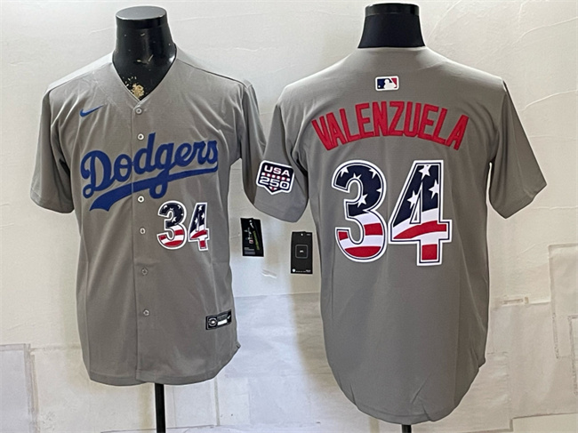 Men's Los Angeles Dodgers #34 Fernando Valenzuela Gray USA 250 Fourth of July Stitched Baseball Jersey