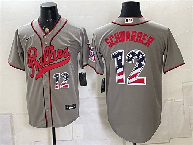 Men's Philadelphia Phillies #12 Kyle Schwarber Gray 2026 Field of Dreams USA 250 Fourth of July Stadium Stitched Baseball Jersey