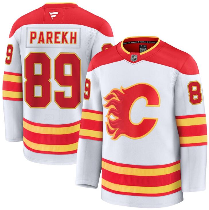 Men's Zayne Parekh Calgary Flames #89 Fanatics Premium Away White Stitched Jersey