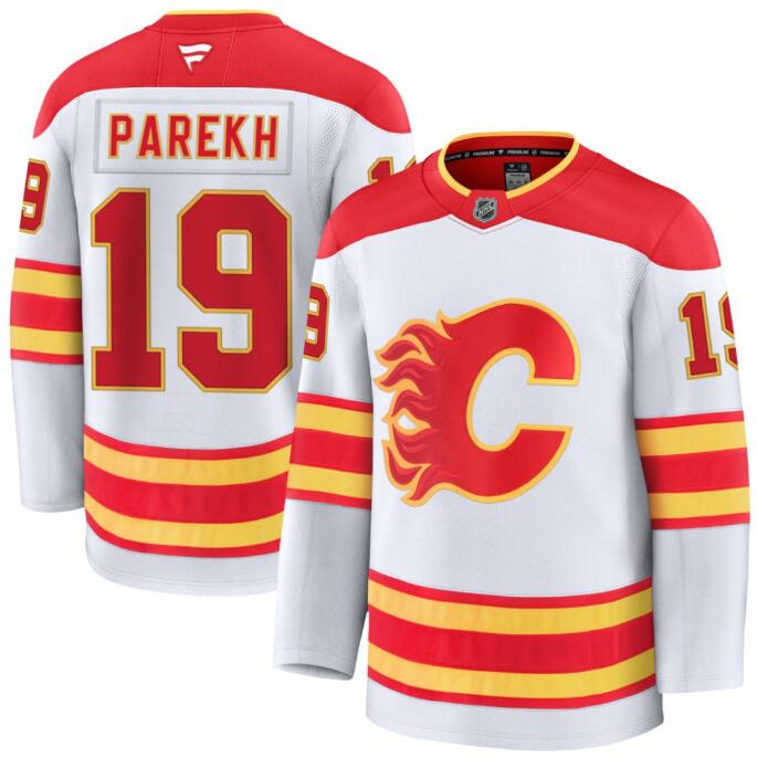 Men's Zayne Parekh Calgary Flames #19 Fanatics Premium Away White Stitched Jersey