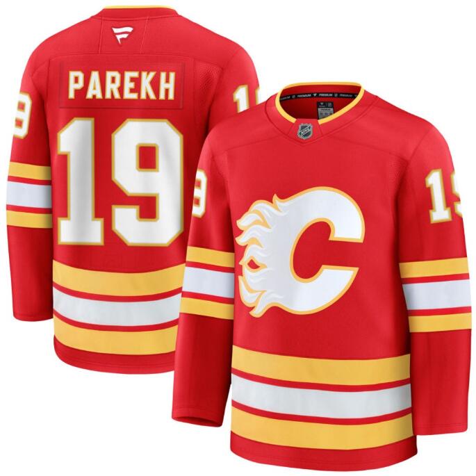 Men's Zayne Parekh Calgary Flames #19 Fanatics Premium Home Red Stitched Jersey