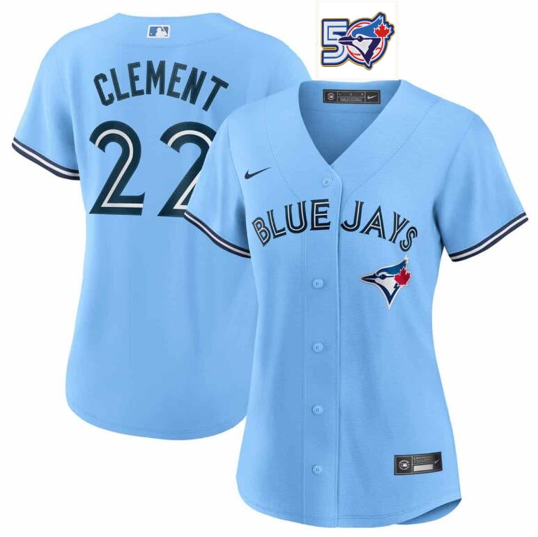 Women’s Toronto Blue Jays #22 Ernie Clement 50th Anniversary Nike Light Blue Alternate Replica Player Jersey