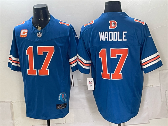 Men's Denver Broncos #17 Jaylen Waddle Blue F.U.S.E. With 2-Star C Patch Throwback Vapor Limited Football Stitched Jersey