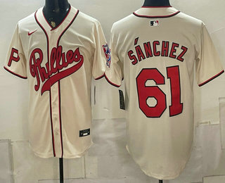 Men's Philadelphia Phillies #61 Cristopher Sanchez Name Cream 2026 Field of Dreams Stadium Stitched Jersey