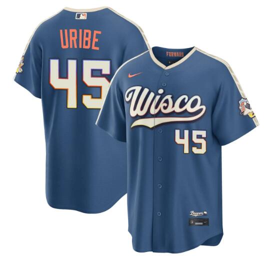Men's Milwaukee Brewers #45 Abner Uribe Mineral Blue 2026 City Connect Stadium Stitched Stitched Baseball Jersey