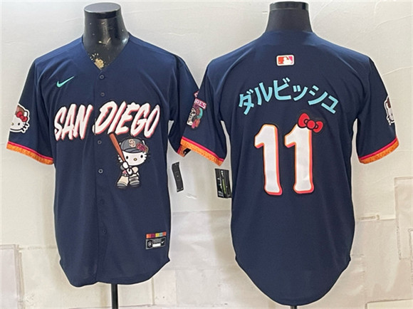 Men's San Diego Padres X Hello Kitty #11 ダルビッシュ Obsidian 2026 City Connect Stadium Stitched Baseball Jersey