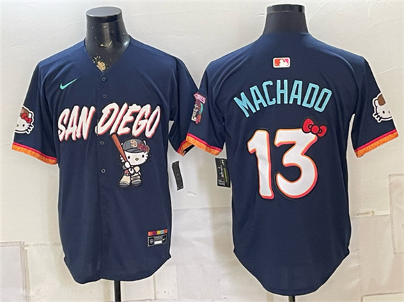 Men's San Diego Padres X Hello Kitty #13 Manny Machado Obsidian 2026 City Connect Stadium Stitched Baseball Jersey