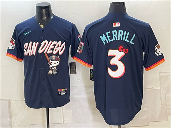 Men's San Diego Padres X Hello Kitty #3 Jackson Merrill Obsidian 2026 City Connect Stadium Stitched Baseball Jersey