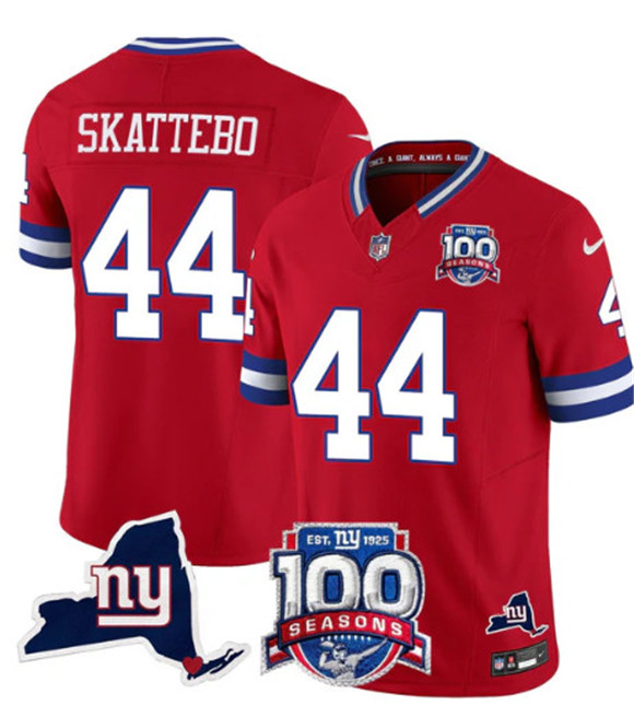 Men's New York Giants #44 Cam Skattebo Red 2025 Draft F.U.S.E. 100th Season & State Patch Vapor Untouchable Limited Football Stitched Jersey
