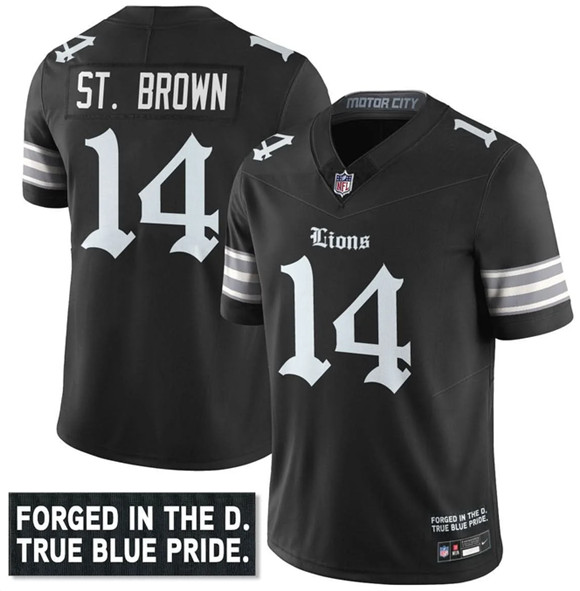 Men's Detroit Lions #14 Amon-Ra St. Brown Black F.U.S.E. 'Gothic Motor City Edition' Vapor Limited Football Stitched Jersey