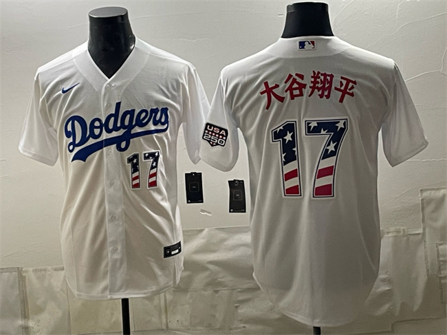 Men's Los Angeles Dodgers #17 大谷翔平 White USA 250 Fourth of July Home Stitched Baseball Jersey