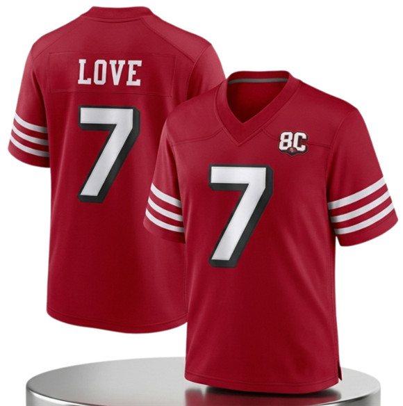 Men's San Francisco 49ers #7 Daejon Love Red 80th Anniversary Patch 2026 Football Stitched Jersey