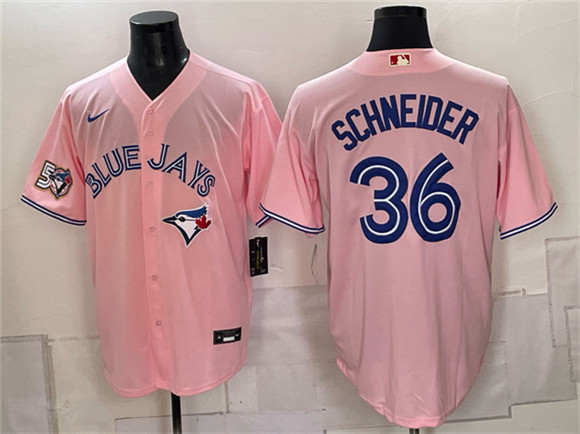 Men's Toronto Blue Jays #36 Davis Schneider Pink 50 Seasons Patch Stitched Baseball Jersey
