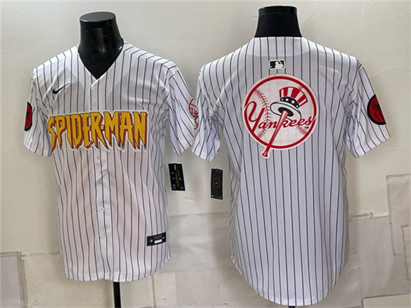 Mens New York Yankees X Spider-Man Team Big Logo White Limited Stitched Baseball Jersey