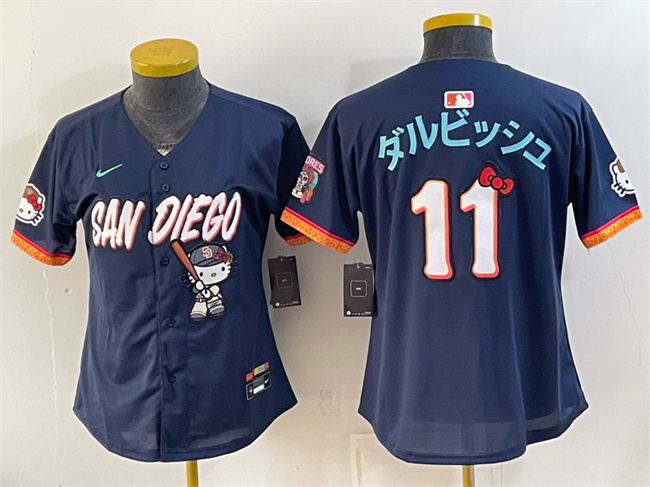 Women's San Diego Padres X Hello Kitty #11 ダルビッシュ Obsidian 2026 City Connect Stadium Stitched Baseball Jersey(Run Small)