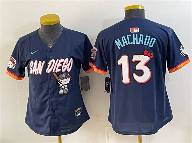 Women's San Diego Padres X Hello Kitty #13 Manny Machado Obsidian 2026 City Connect Stadium Stitched Baseball Jersey(Run Small)
