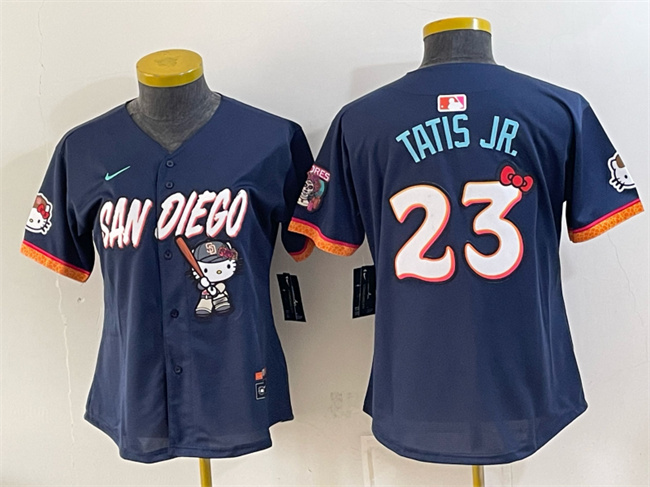 Women's San Diego Padres X Hello Kitty #23 Fernando Tatis Jr. Obsidian 2026 City Connect Stadium Stitched Baseball Jersey(Run Small)