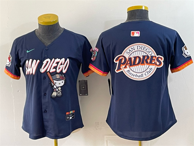 Women's San Diego Padres X Hello Kitty Team Big Logo Obsidian 2026 City Connect Stadium Stitched Baseball Jersey(Run Small)