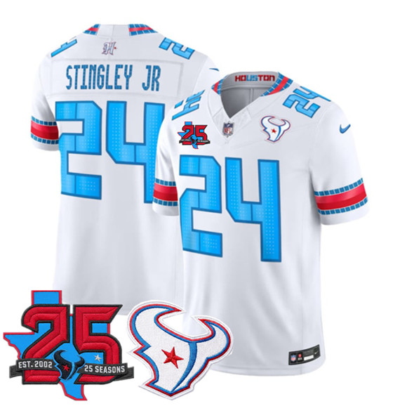 Men's Houston Texans #24 Derek Stingley Jr. White 2026 F.U.S.E. Rivalries Collection With 25th Anniversary Patch Limited Football Stitched Jersey