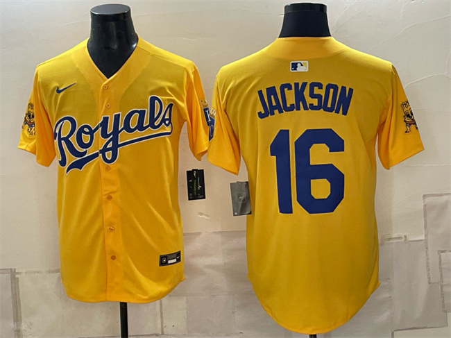 Men's Kansas City Royals #16 Bo Jackson Gold Sluggerrr Patch Vapor Limited Stitched Baseball Jersey