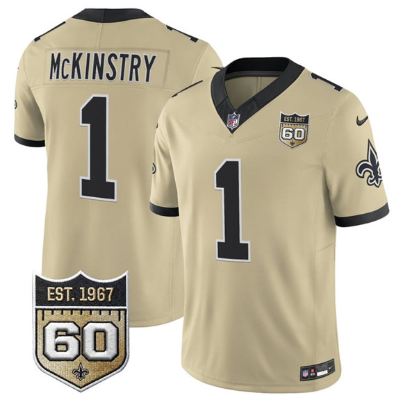Men's New Orleans Saints #1 Kool-Aid McKinstry Gold 2026 F.U.S.E 60th Anniversary Patch Vapor Limited Football Stitched Jersey