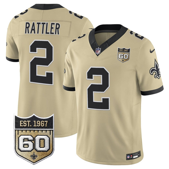 Men's New Orleans Saints #2 Spencer Rattler Gold 2026 F.U.S.E 60th Anniversary Patch Vapor Limited Football Stitched Jersey