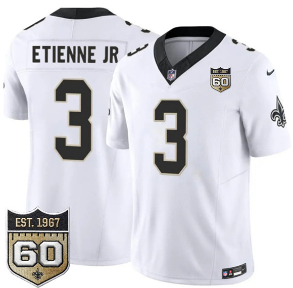 Men's New Orleans Saints #3 Travis Etienne Jr White 2026 F.U.S.E 60th Anniversary Patch Vapor Limited Football Stitched Jersey