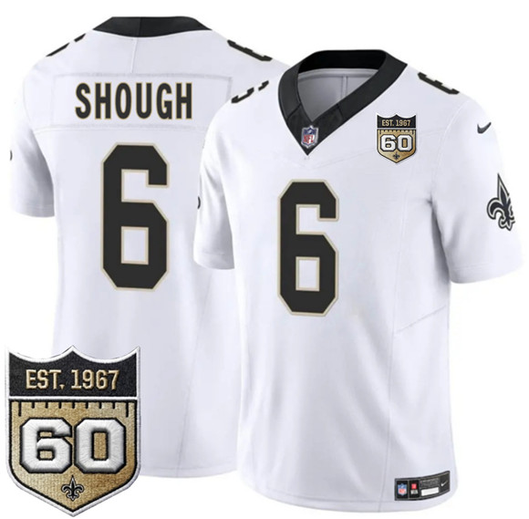 Men's New Orleans Saints #6 Tyler Shough White 2026 F.U.S.E 60th Anniversary Patch Vapor Limited Football Stitched Jersey