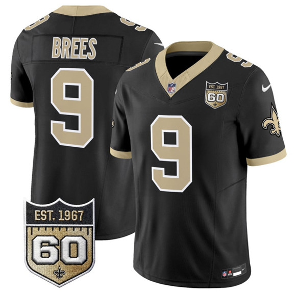 Men's New Orleans Saints #9 Drew Brees Black 2026 F.U.S.E 60th Anniversary Patch Vapor Limited Football Stitched Jersey