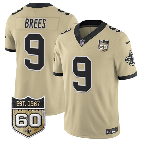 Men's New Orleans Saints #9 Drew Brees Gold 2026 F.U.S.E 60th Anniversary Patch Vapor Limited Football Stitched Jersey