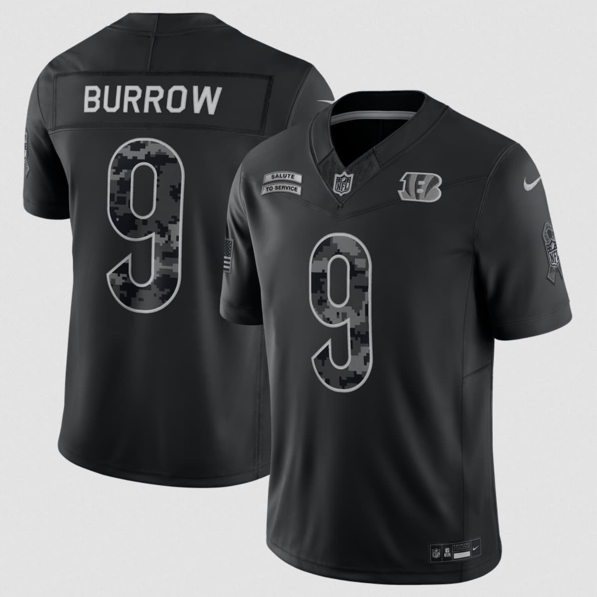 Men's Cincinnati Bengals #9 Joe Burrow Black 2026 F.U.S.E. Salute to Service Limited Football Stitched Jersey