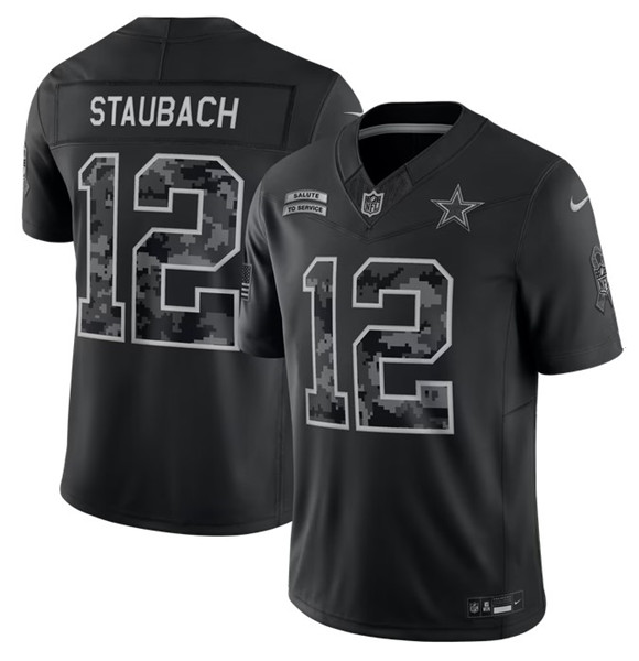 Men's Dallas Cowboys #12 Roger Staubach Black 2026 F.U.S.E. Salute to Service Limited Stitched Football Jersey