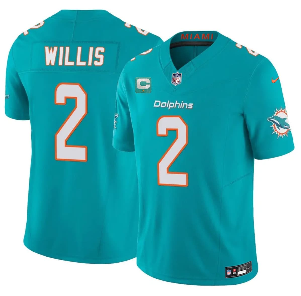 Men's Miami Dolphins #2 Malik Willis Aqua 2026 F.U.S.E. 1-Star C Patch Vapor Limited Football Stitched Jersey
