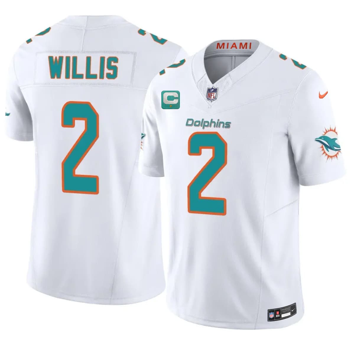 Men's Miami Dolphins #2 Malik Willis White 2026 F.U.S.E. 1-Star C Patch Vapor Limited Football Stitched Jersey