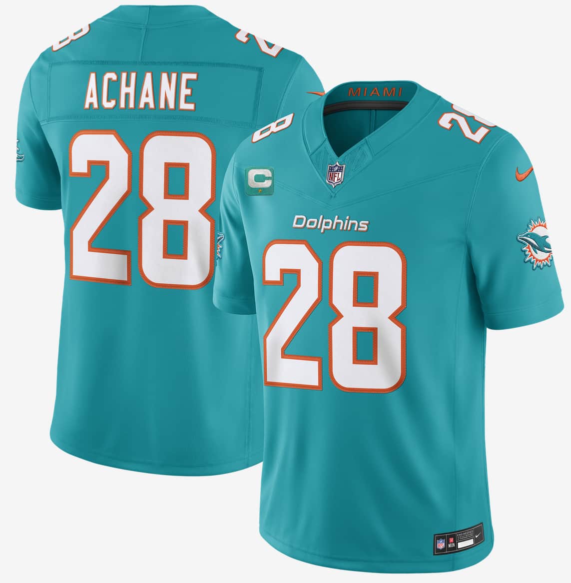 Men's Miami Dolphins #28 De'Von Achane Aqua 2026 F.U.S.E. 1-Star C Patch Vapor Limited Football Stitched Jersey