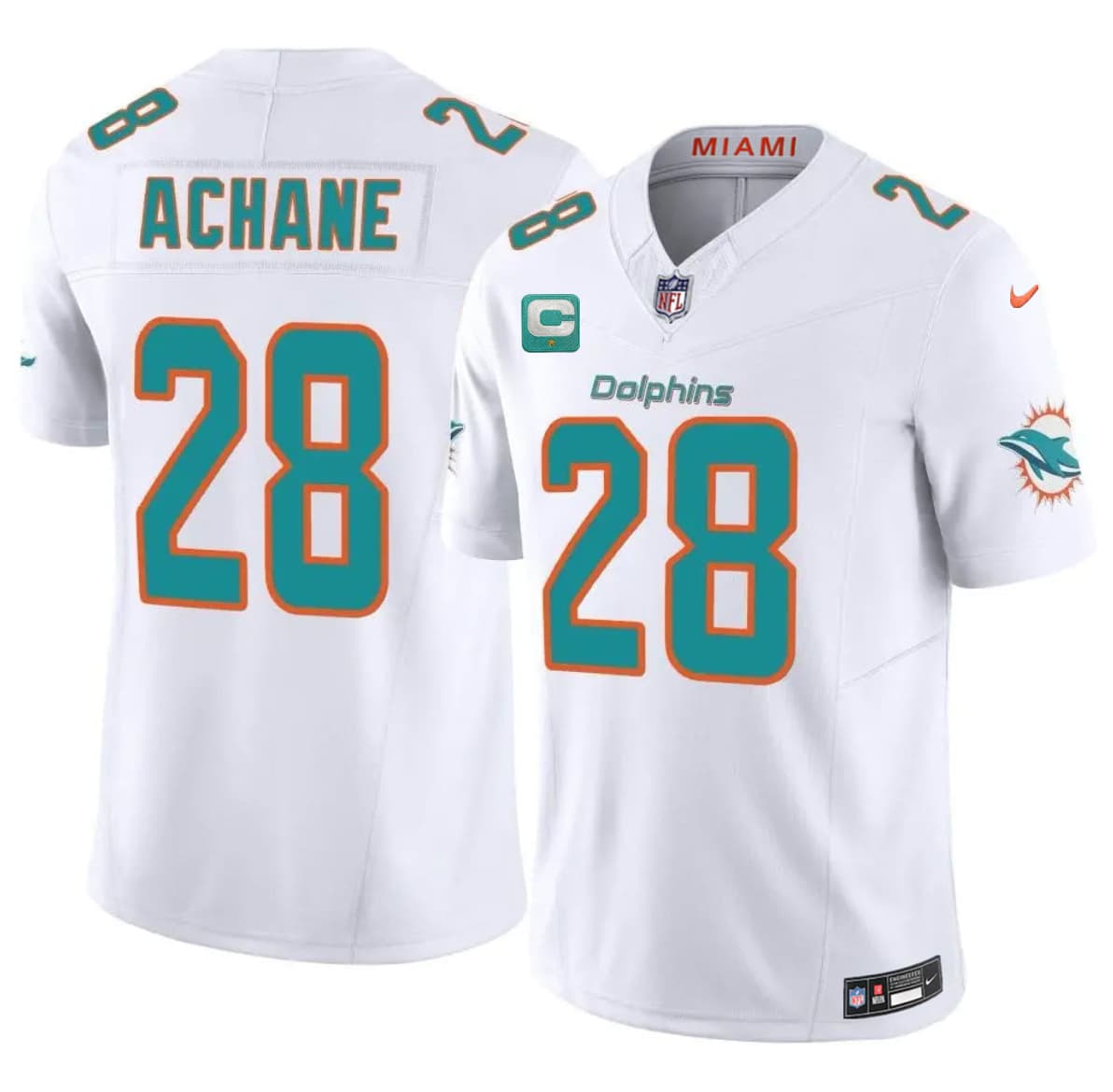Men's Miami Dolphins #28 De'Von Achane White 2026 F.U.S.E. 1-Star C Patch Vapor Limited Football Stitched Jersey