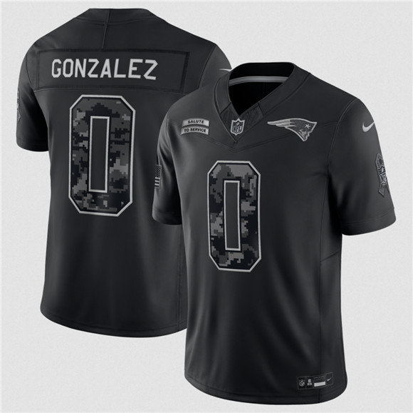 Men's New England Patriots #0 Christian Gonzalez Black 2026 Salute to Service Limited Football Stitched Jersey
