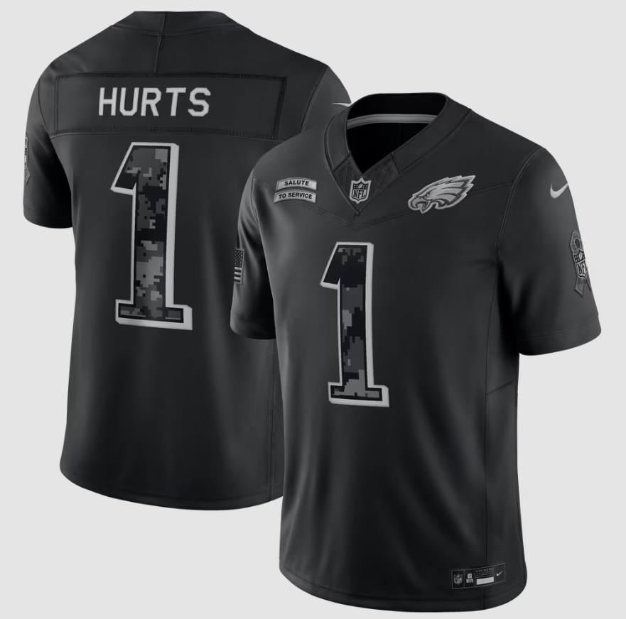Men's Philadelphia Eagles #1 Jalen Hurts Black 2026 F.U.S.E. Salute to Service Limited Football Stitched Jersey