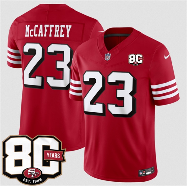 Men's San Francisco 49ers #23 Christian McCaffrey New Red 80th Anniversary Patch 2026 F.U.S.E. Vapor Untouchabl Limited Football Stitched Jersey