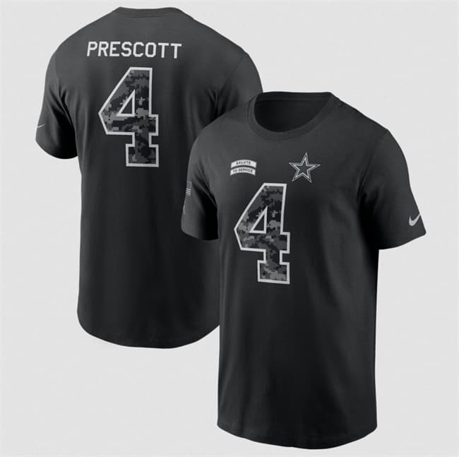 Men's Dallas Cowboys #4 Dak Prescott Black 2026 Salute to Service Name & Number T-Shirt