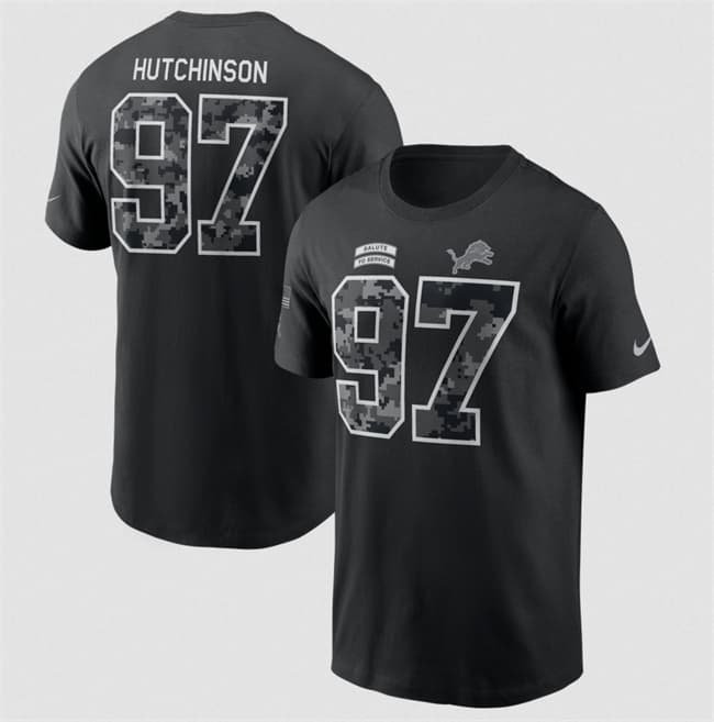 Men's Detroit Lions #97 Aidan Hutchinson Black 2026 Salute to Service Name & Number T-Shirt