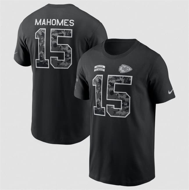 Men's Kansas City Chiefs #15 Patrick Mahomes Black 2026 Salute to Service Name & Number T-Shirt