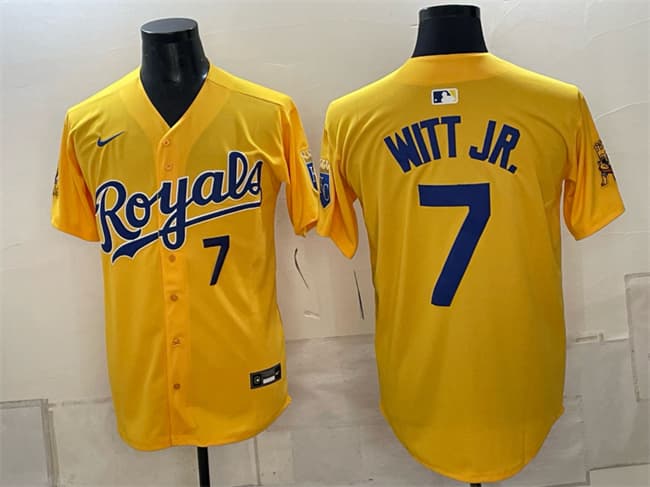 Men's Kansas City Royals #7 Bobby Witt Jr. Gold Sluggerrr Patch Vapor Limited Stitched Baseball Jersey