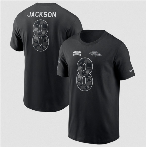 Men's Baltimore Ravens #8 Lamar Jackson Black 2026 Salute to Service Name & Number T-Shirt