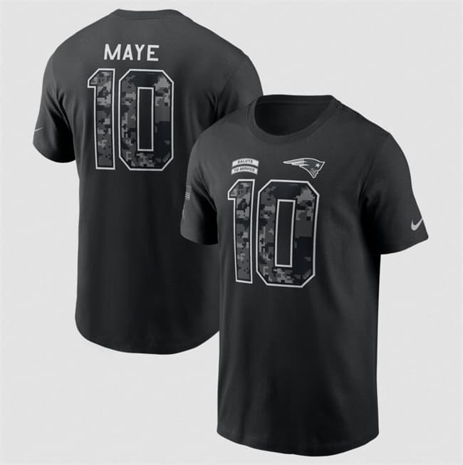 Men's New England Patriots #10 Drake Maye Black 2026 Salute to Service Name & Number T-Shirt
