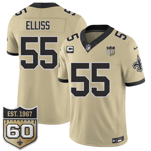 Men's New Orleans Saints #55 Kaden Elliss Gold 2026 F.U.S.E With 1-Star C Patch And 60th Anniversary Patch Vapor Limited Football Stitched Jersey