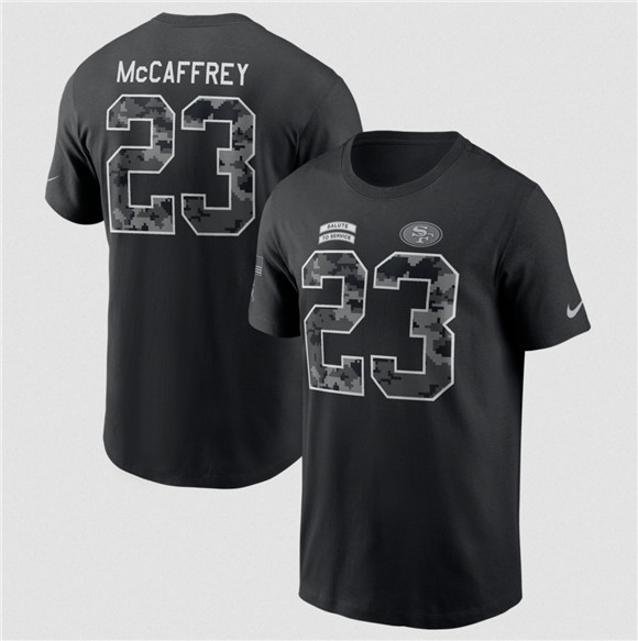 Men's San Francisco 49ers #23 Christian McCaffrey Black 2026 Salute to Service Name & Number T-Shirt