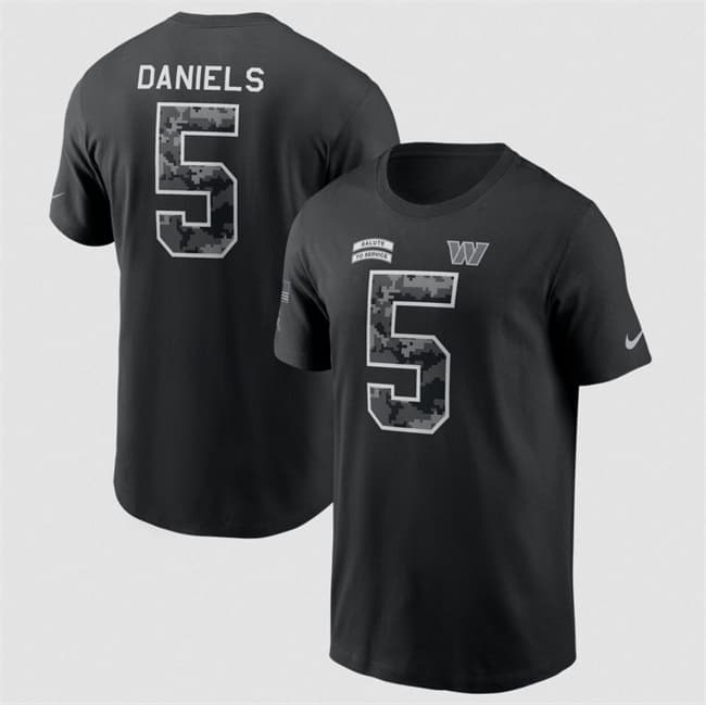 Men's Washington Commanders #5 Jayden Daniels Nike Black 2026 Salute to Service Name & Number T-Shirt