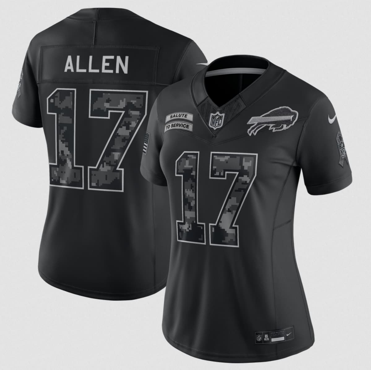 Women's Buffalo Bills #17 Josh Allen Black 2026 F.U.S.E. Salute to Service Limited Stitched Football Jersey(Run Small)
